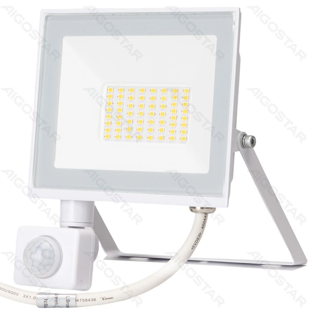 LED Flood Light with Glass Shade, White, 30W, 4000K, Sensor