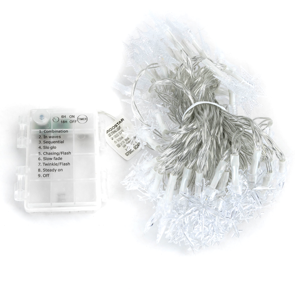 [B10303K50] Stern Schneeflocke aus flachen Lichtstreifen mit 3AA Batterie Warmweiß 10m IP44 Innen/Außen