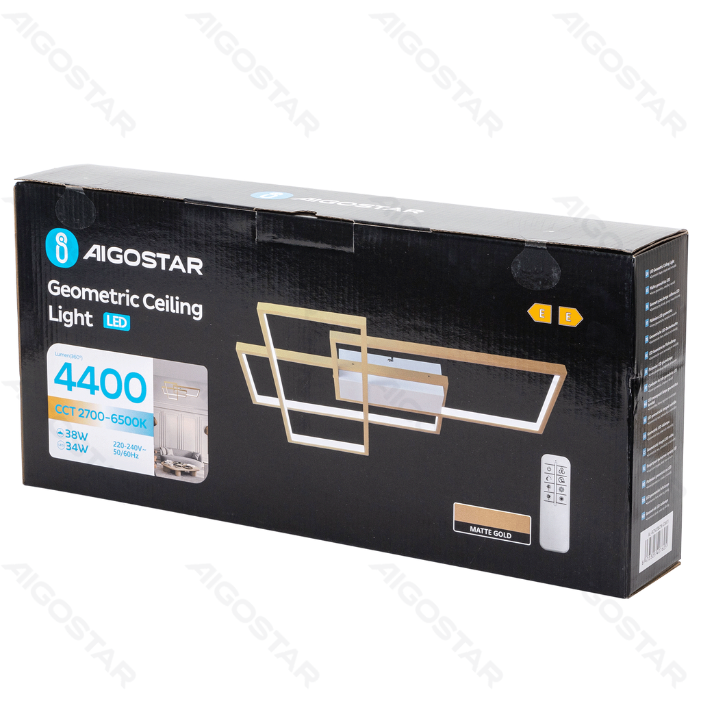 Plafonnier géométrique LED 38W CCT Gold Square avec télécommande