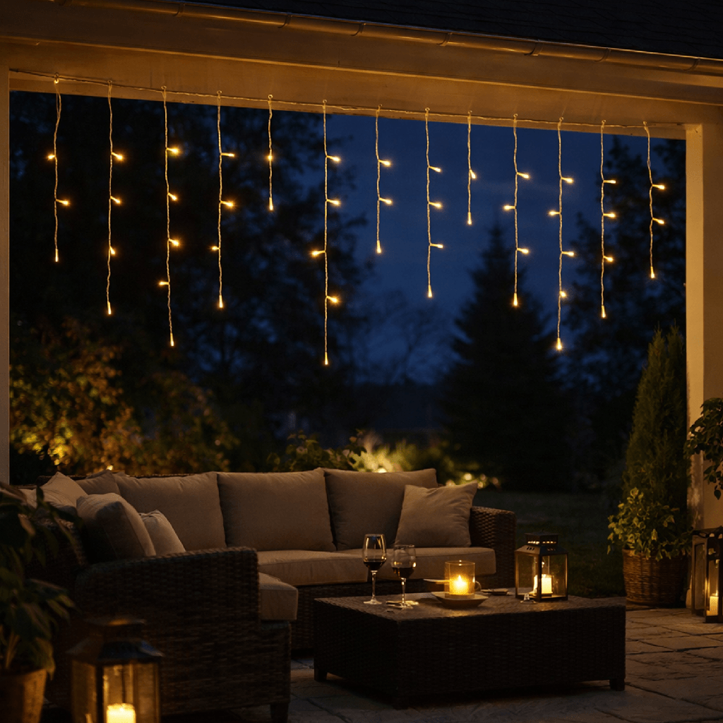 [B10303K3X] Platte ijspegellichtstrook (golvend) met 3AA-batterij Warm wit 10m*0,6m 50 strips IP44 Binnen/Buiten