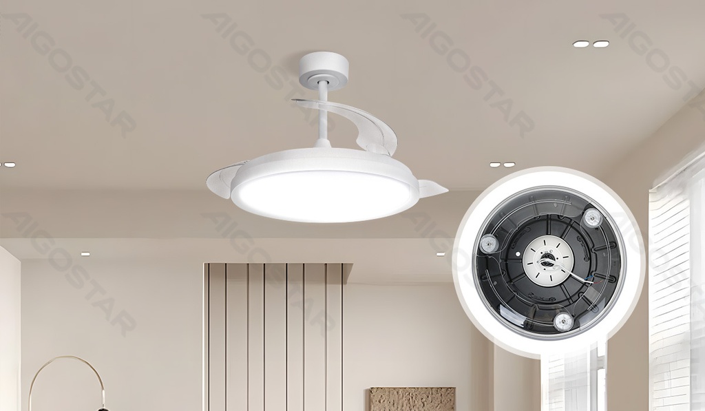 Ceiling fan with invisible blades and lamp 42 inch 3 blades 6 speeds white