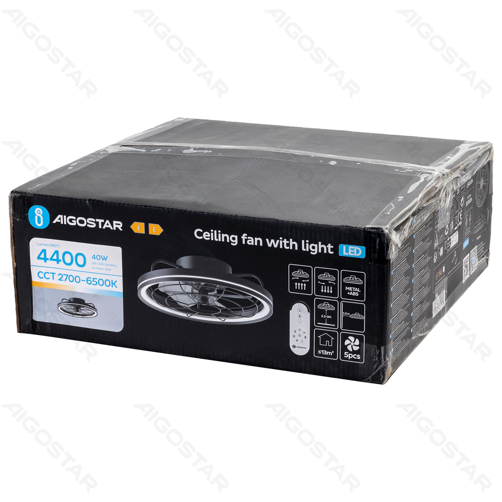 [B103133K4] Aigostar Plafondventilator met lamp 19 5 inch 5 bladen 6 snelheden zwart