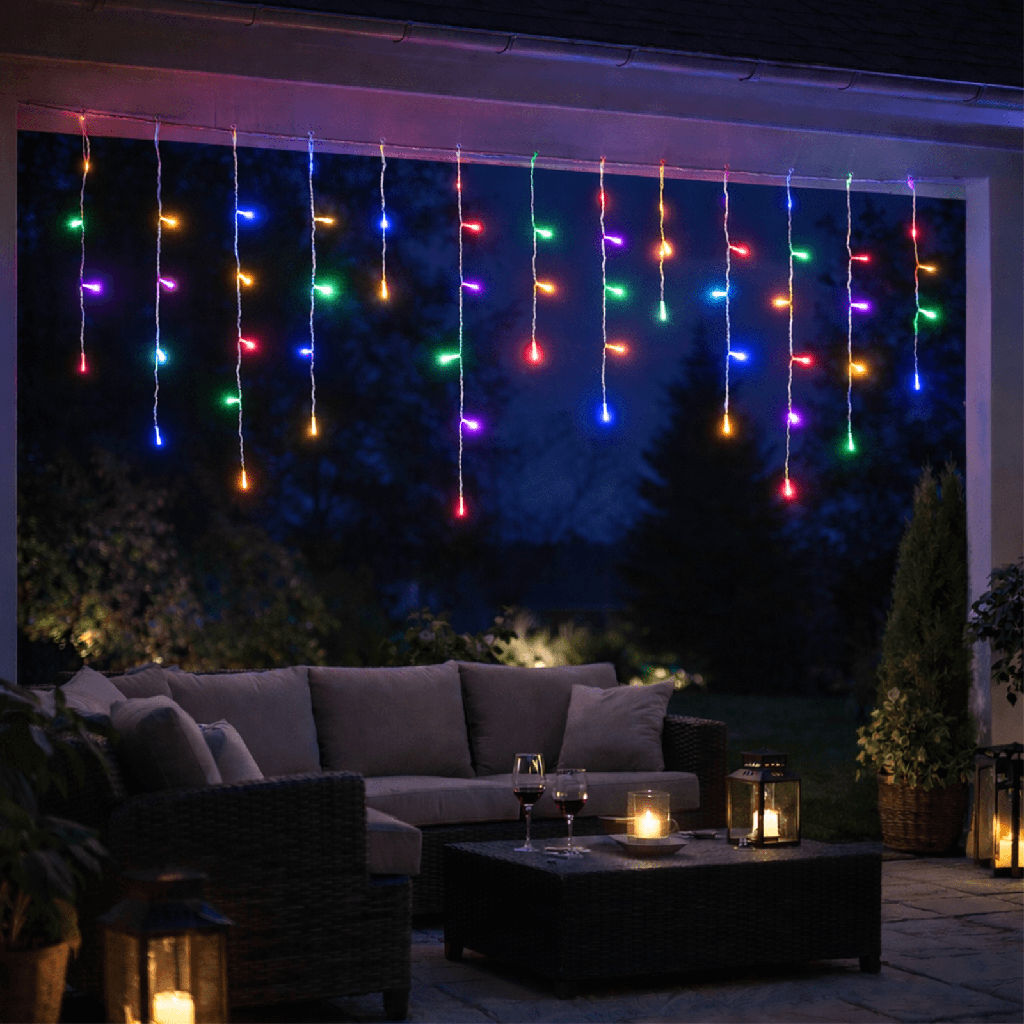 [B10303K45] 3AA Batterie-Eiszapfen (Welle) flache Lichterkette, RGBY, 15m*0.6m, IP44, Innenbereich&Außenbereich 75 Streifen