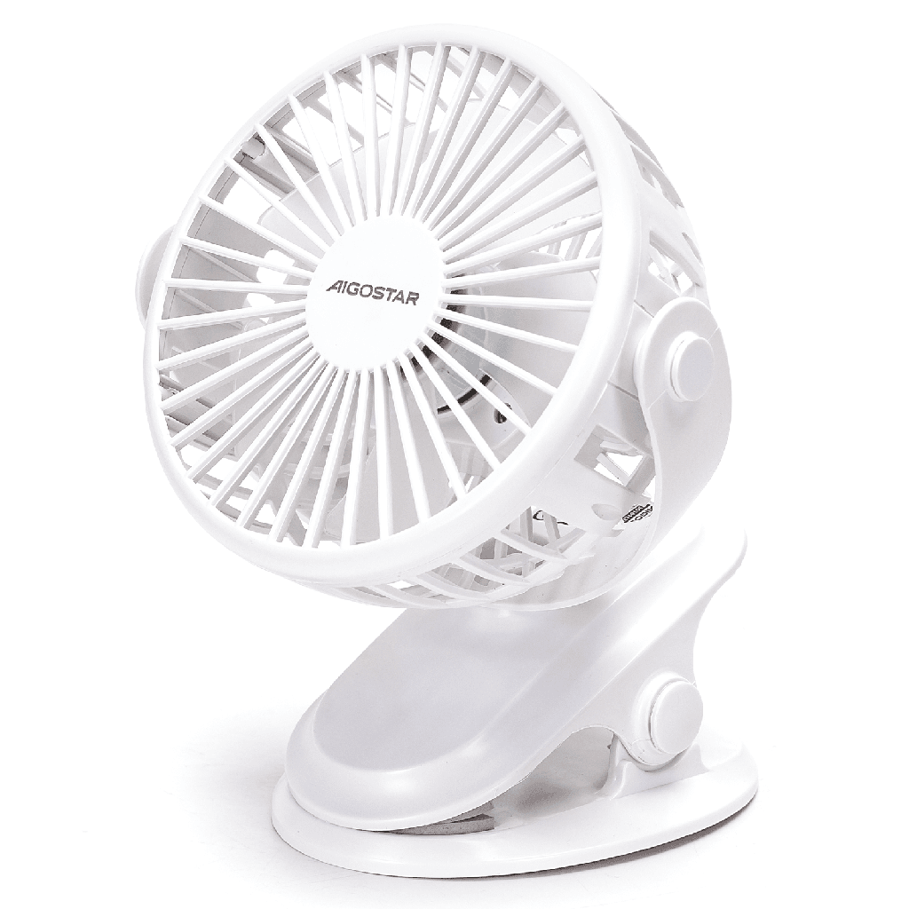 Ventilateur portable à pince 6 pouces, 5 pales, 3 vitesses, 1500mAh, blanc