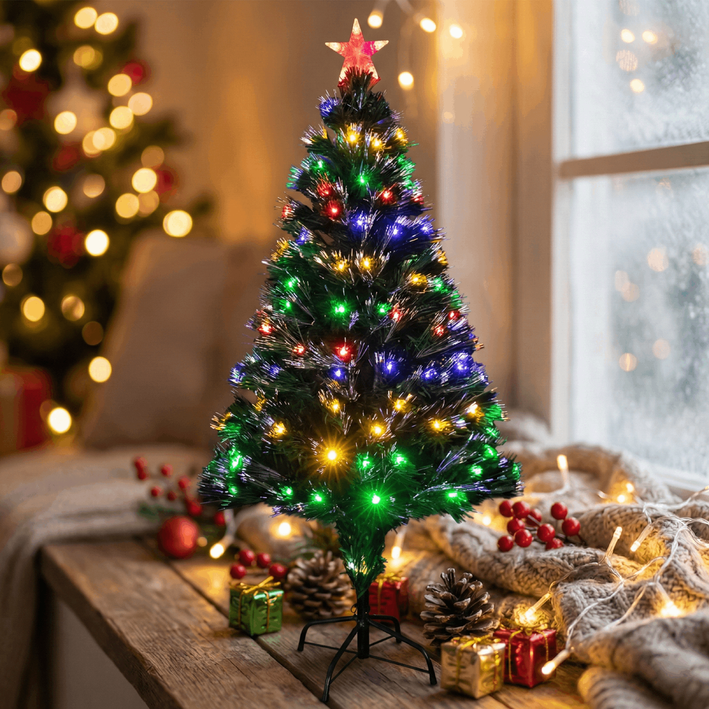 Sapin de Noël en fibre optique basse tension, RVBJ, 0.6 m ,IP44, Intérieur&Extérieur