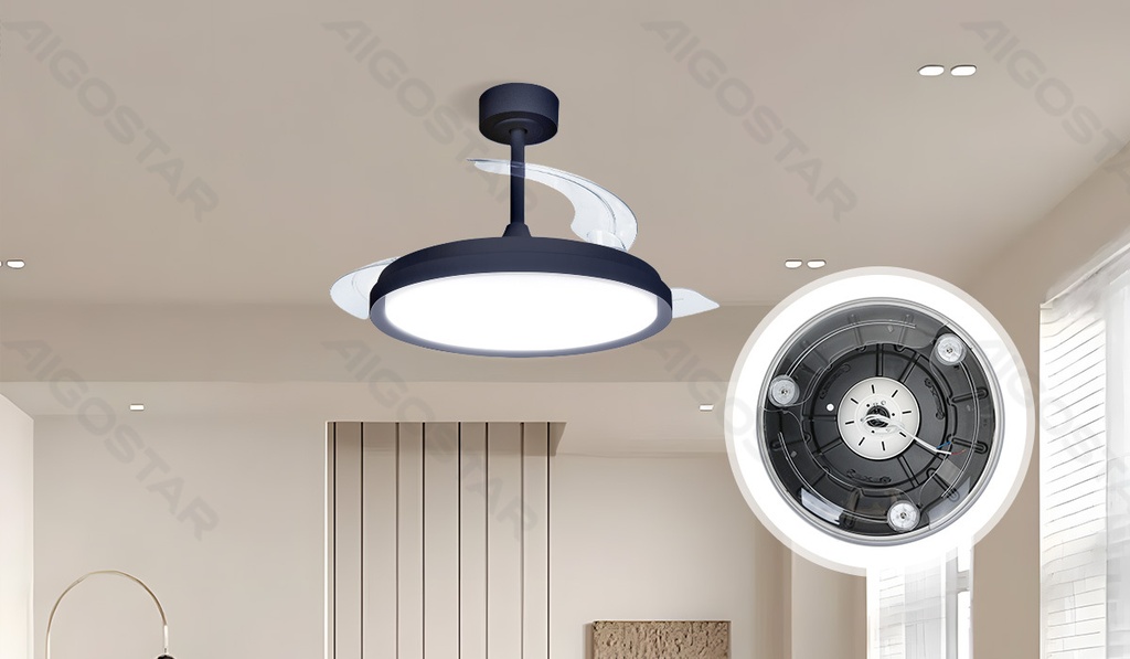 [B103133K7] Deckenventilator mit unsichtbaren Flügeln und mit Lampe 42 Zoll 3 Flügel 6 Geschwindigkeiten schwarz
