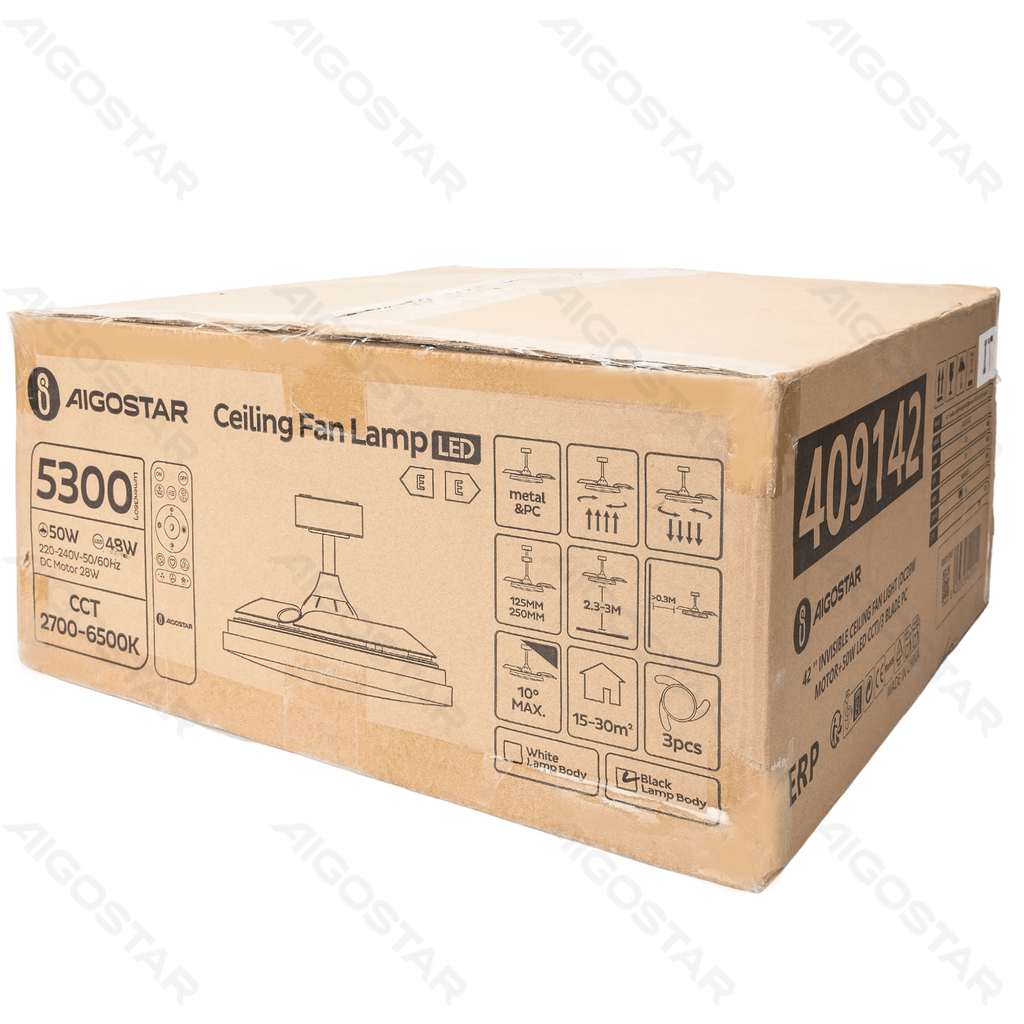 [B103133K7] Plafondventilator met onzichtbare bladen en met lamp 42 inch 3 bladen 6 snelheden zwart