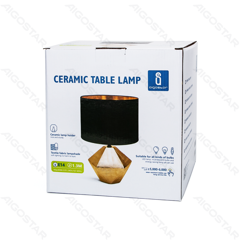 Table Lamp Ceramic Diamond Shape Black/Gold with Fabric Lampshade (without light source) E14