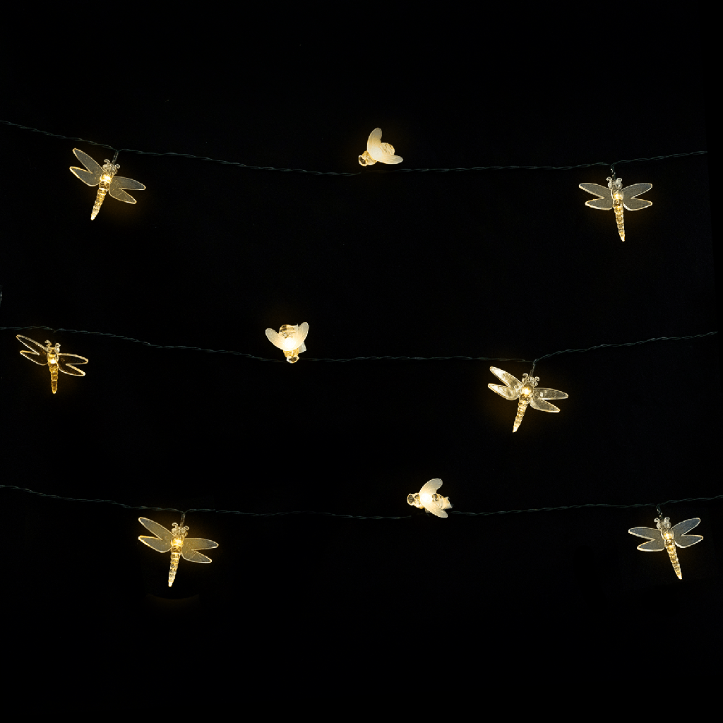 Solarbetriebene Leuchte mit Libellen und Bienen Warmweiß 10m