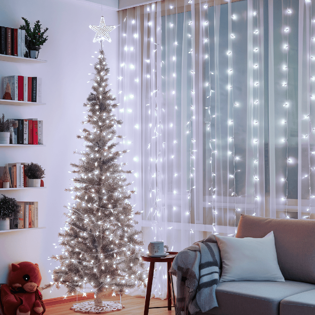 [B10303K3I] Gordijn van platte lichtstroken met 3AA-batterij Koud wit 2m*2m 10 strips IP44 Binnen/Buiten