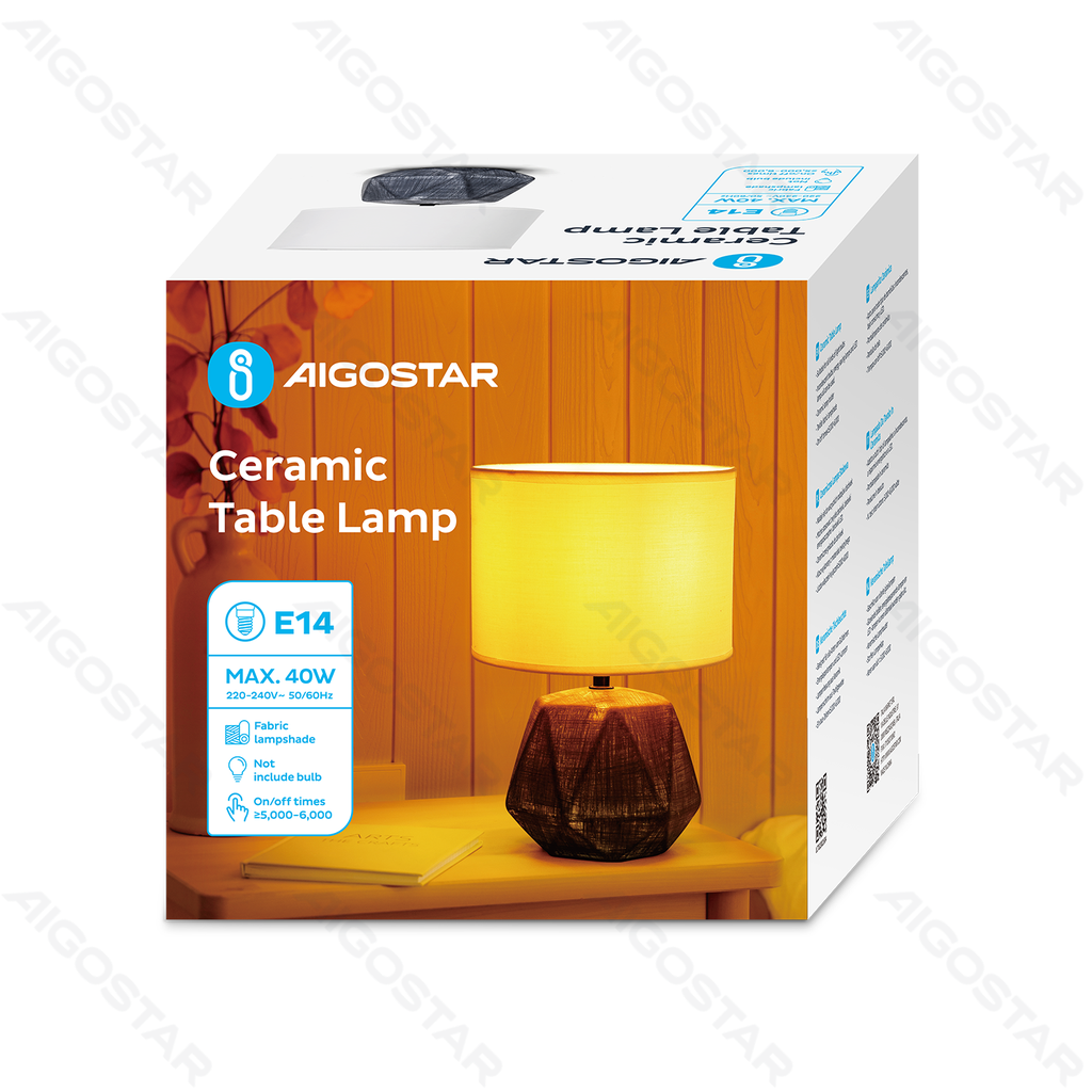 [B10311LC7] Lampe de table céramique forme diamant blanc/gris avec abat-jour en tissu (sans source lumineuse) E14