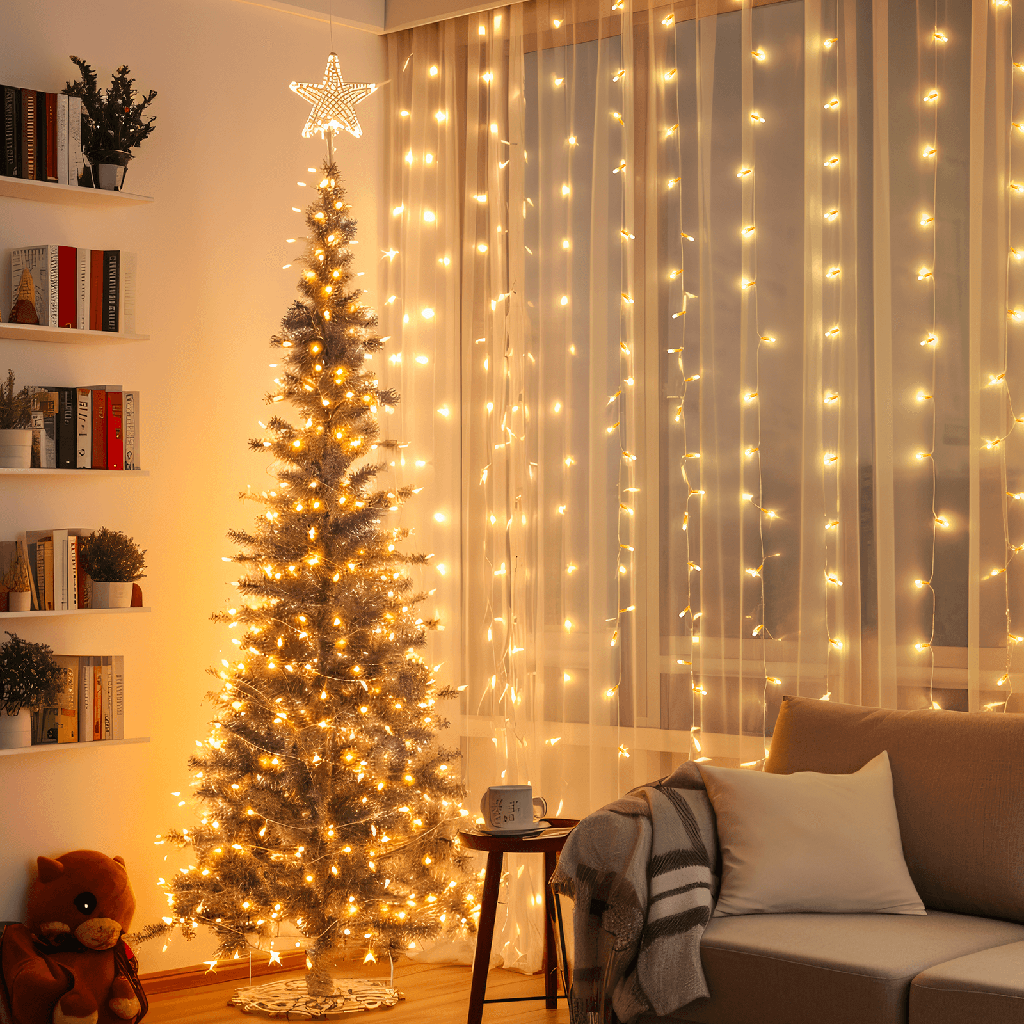 Gordijn van platte lichtstroken met 3AA-batterij Warm wit 3m*3m 10 strips IP44 Binnen/Buiten