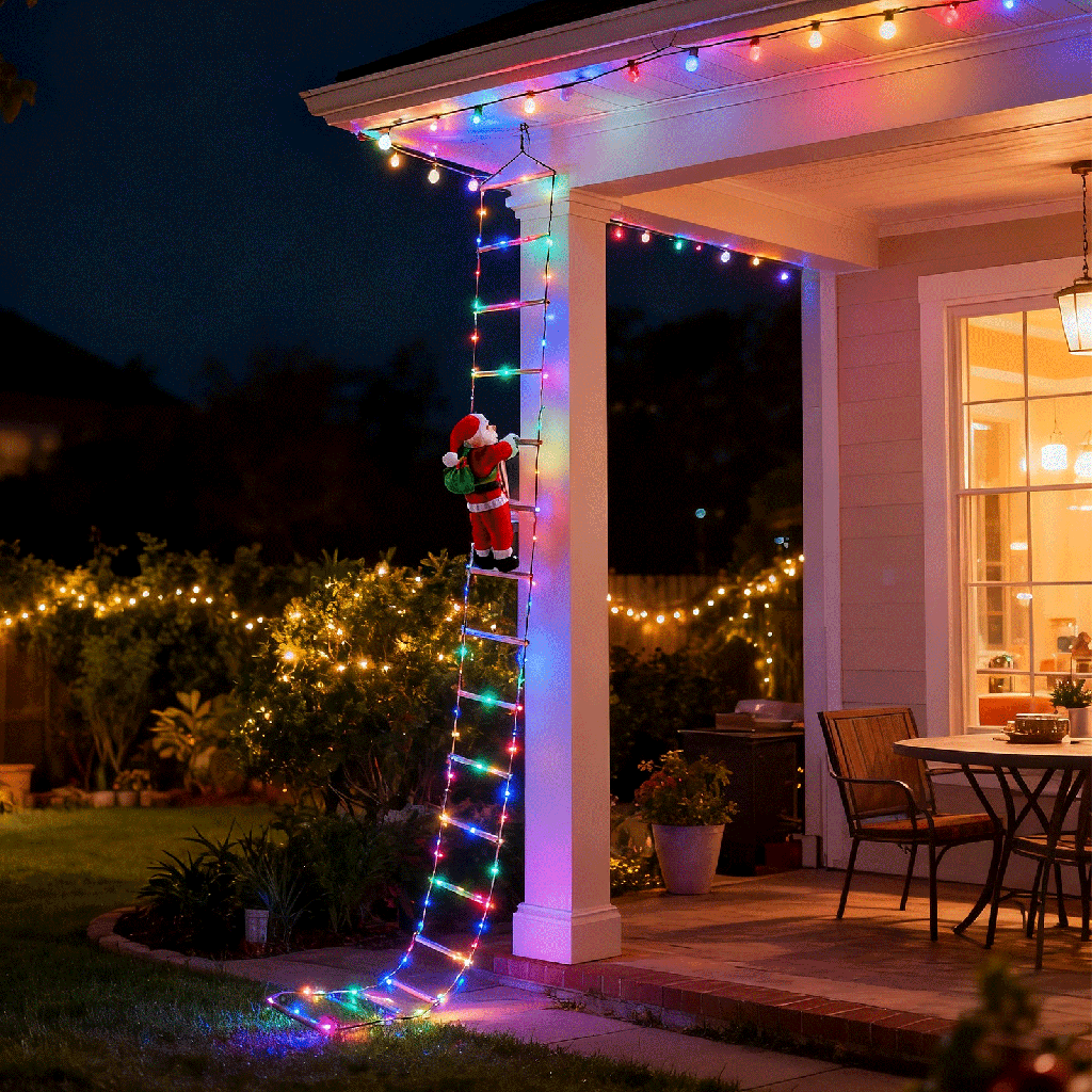 [B10303Y27] Niedervolt-Weihnachtsmann mit Steigleiter, 3m+3m, RGBY ,IP44, Innenbereich&Außenbereich