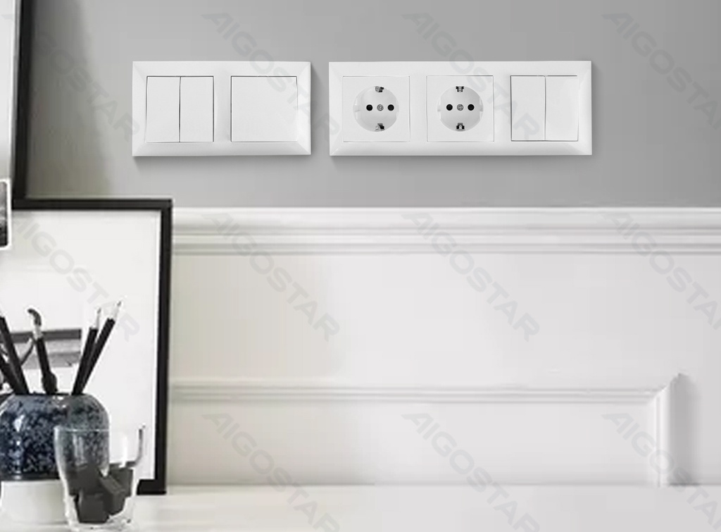 German-style flush-mounted wall switch socket, 2-gang 2-way & socket*2