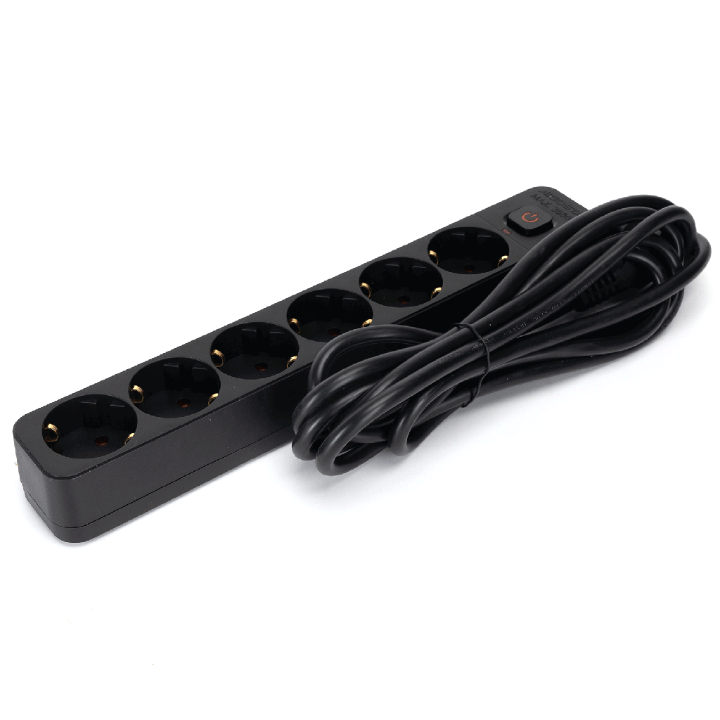[B20103BY5] Aigostar L-serie Duitse 6-voudige stekkerdoos met schakelaar 5M 3G1 5mm² zwart