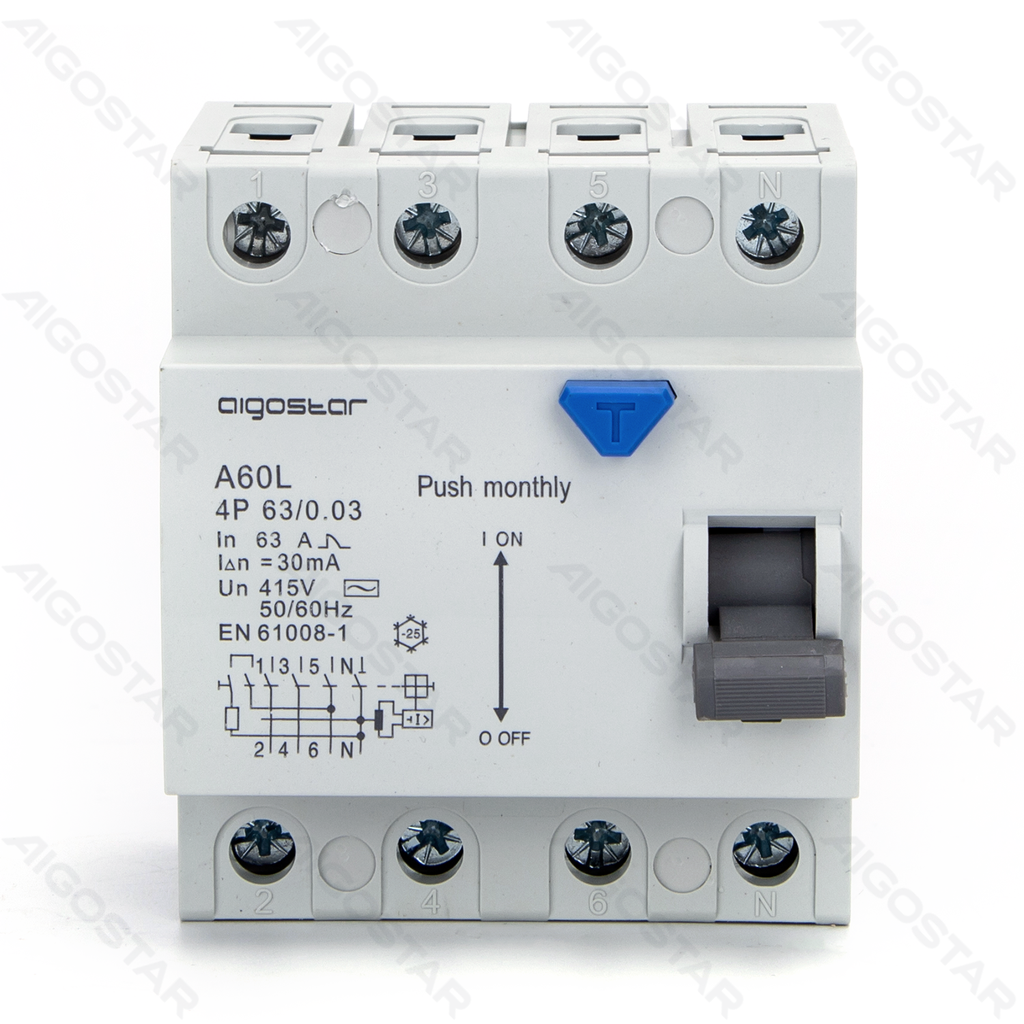 [B20201QEU] Residual Current Circuit Breaker 4P 63A 30mA AC Gray