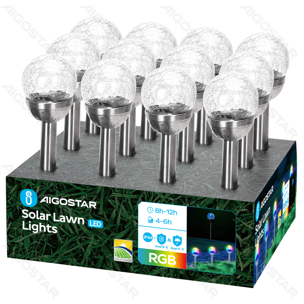 [B10201NM7] LED Solar Atmosphärische Rasenleuchte Edelstahl Rissige Kugel mit Pfahl RGB