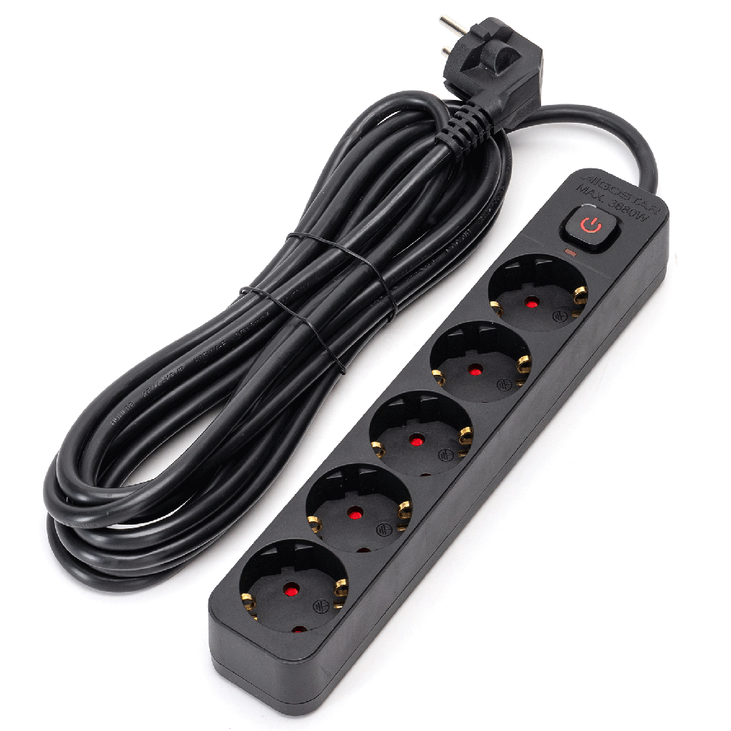 [B20103BY1] Aigostar L-serie Duitse 5-voudige stekkerdoos met schakelaar 5M 3G1 5mm² zwart