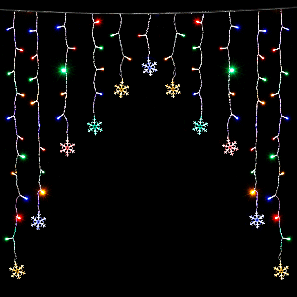 Laagspanning Gordijn Omgekeerde V Platte Lichtslinger Sneeuwvlok RGBY 3*B1,5m 16 strips IP44 Binnen/Buiten