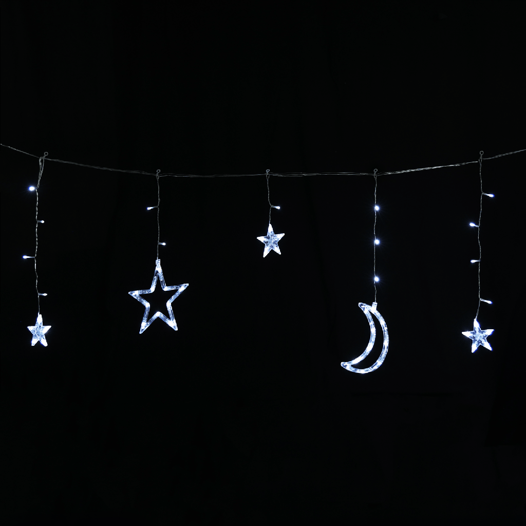 [B10201S6S] Guirlande lumineuse solaire, étoiles et lunes (effet vague), blanc froid, 3m+3m*0,6m, 12 suspensions 12 bandes
