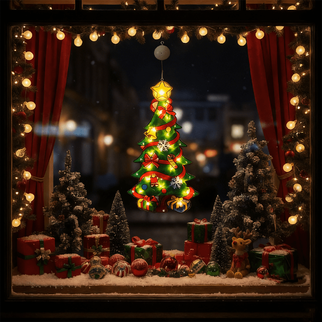 [B10303K69] Groot hangertje in de vorm van een kerstboom dat werkt op batterijen met zuignap Warm wit IP20 Binnen