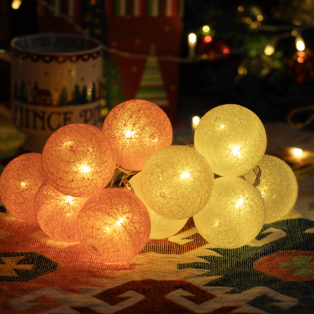 [B103033WX] 3AA Batterij Lichtsnoer Katoenen Bol Licht Licht Roze&Wit Warm Wit 2m