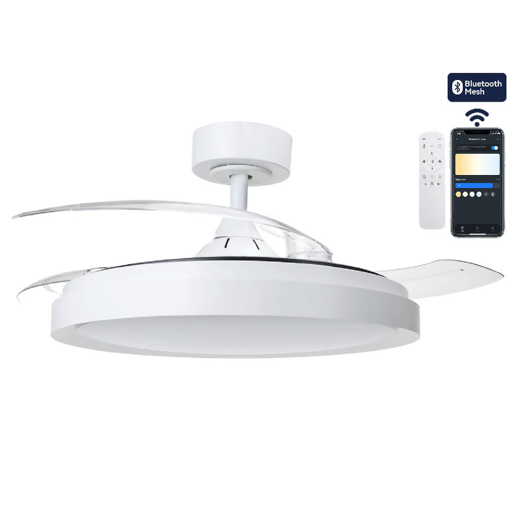 [S103033K9] Bluetooth Mesh, Intelligenter Deckenventilator mit unsichtbaren Flügeln und Licht, CCT, 42 Zoll, 3 Flügel, 6 Geschwindigkeitsstufen, Weiß