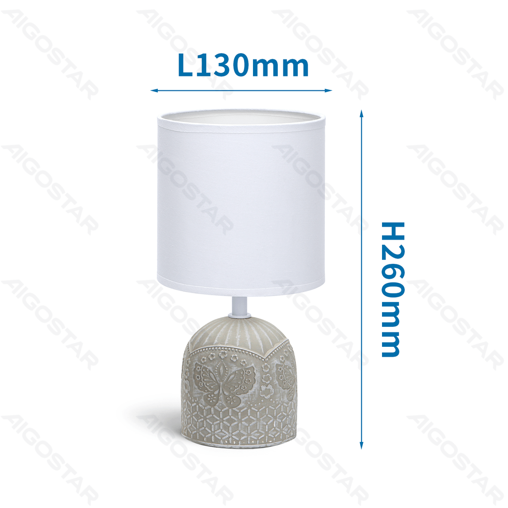 Aigostar Tafellamp Keramiek Vlindermotief Wit/grijs met stoffen lampenkap (zonder lichtbron) E14