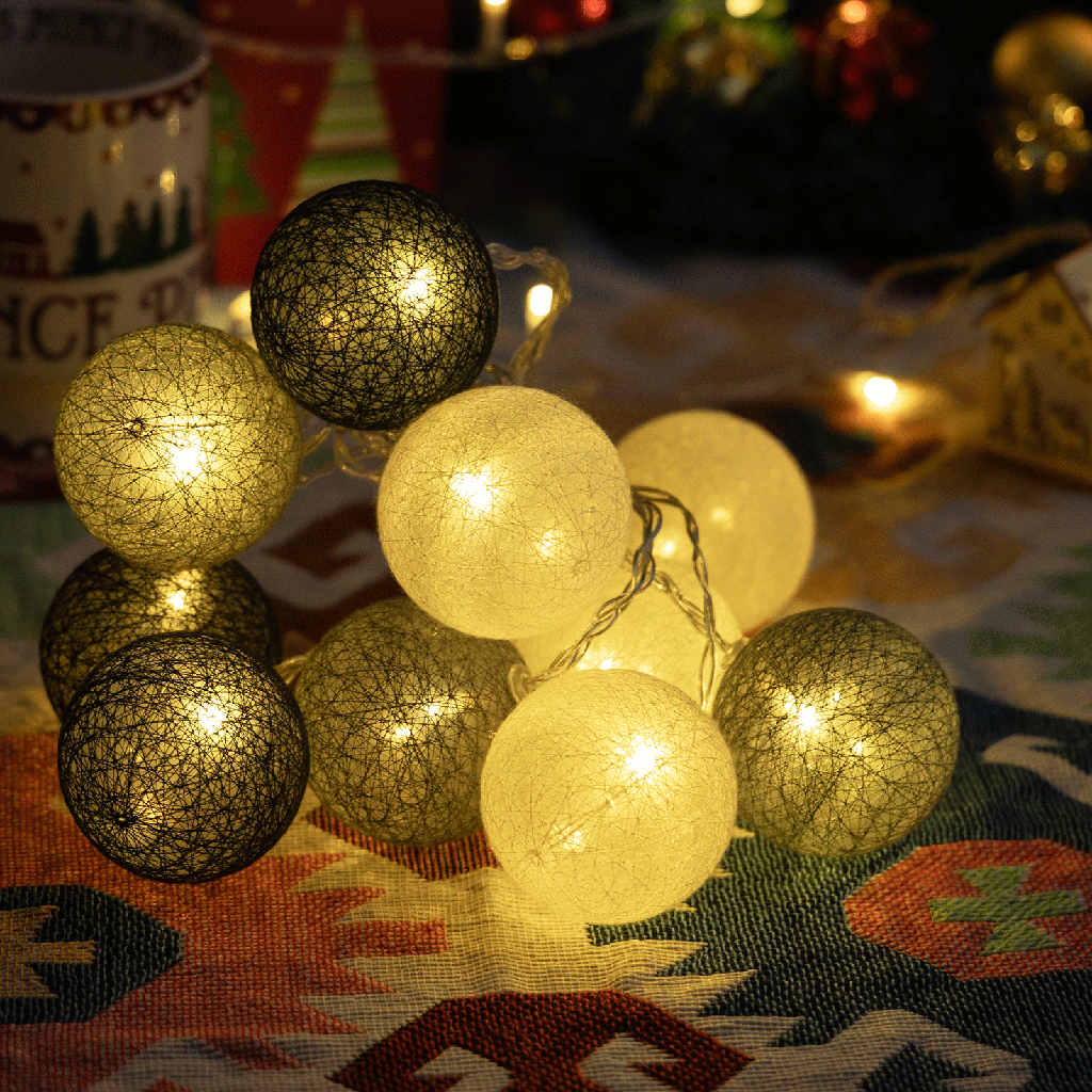 [B103033WV] 3AA Batterij Lichtsnoer Katoenen Bol Licht Grijs&Wit Warm Wit 2m