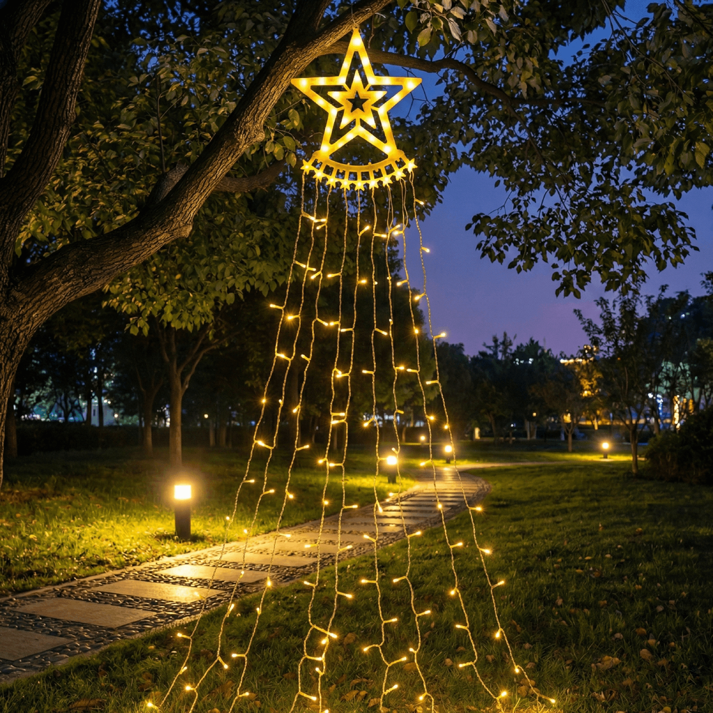 Aigostar Pentagram met watervallichtstroken op zonne-energie Warm wit 5m+2m