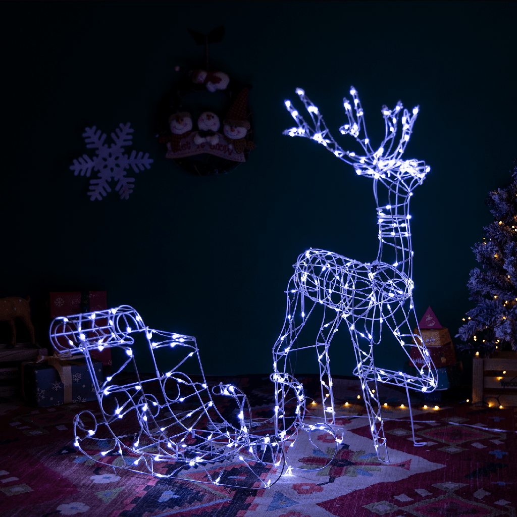 Niedervolt-Weihnachts-Rentier-Licht mit Schlitten, Kaltes Weißt, 1+0.45m, IP44, Innenbereich&Außenbereich