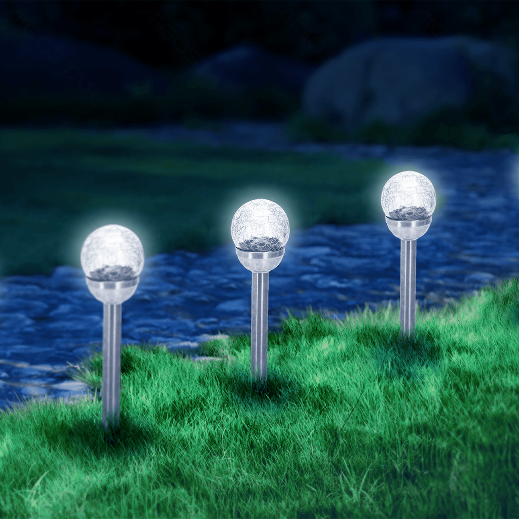 [B10201OK6] LED Solar Sfeervolle Gazonverlichting RVS Gebarsten Bal met Staak 6500K