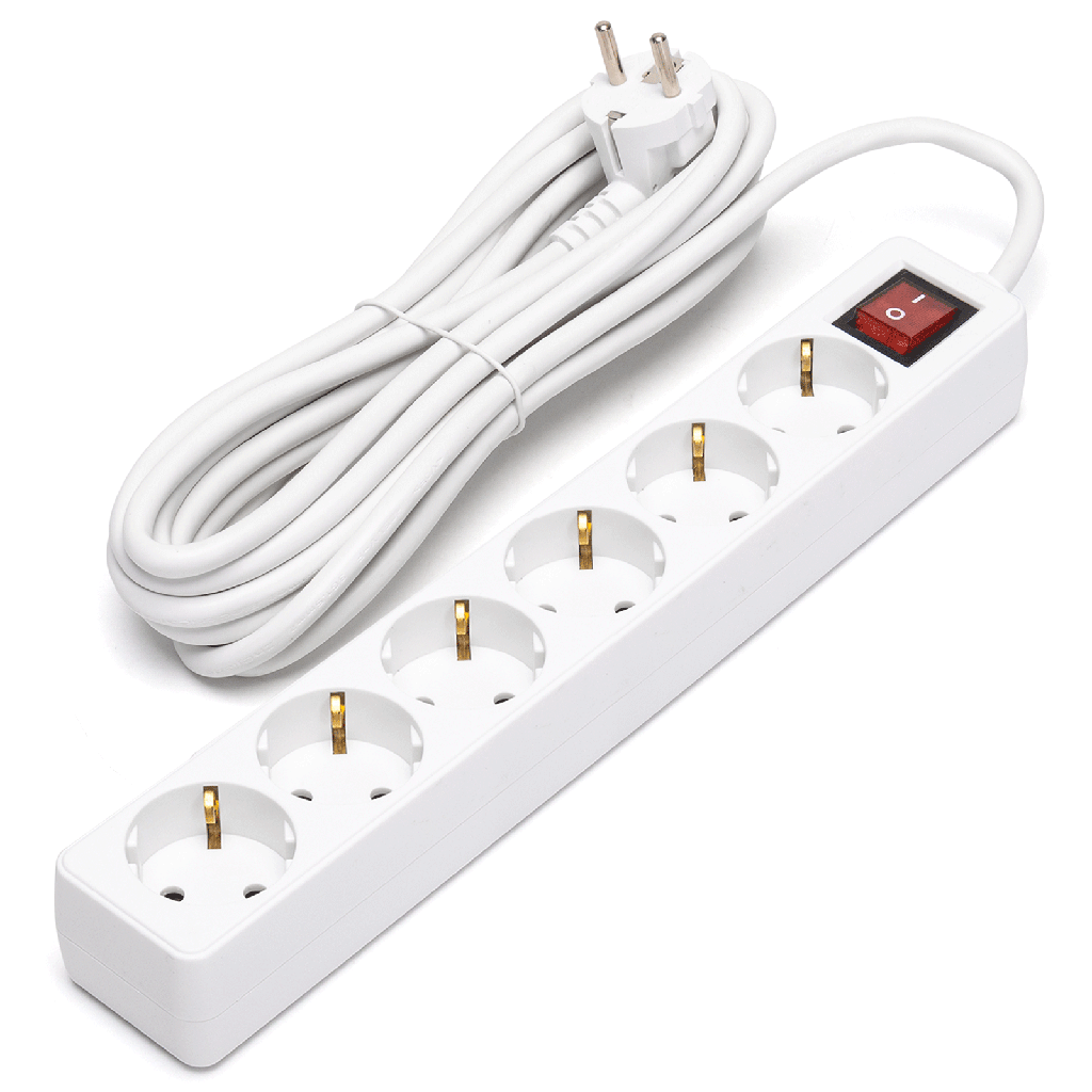 Duitse 6-voudige stekkerdoos met schakelaar 5M 3G1 5mm² wit