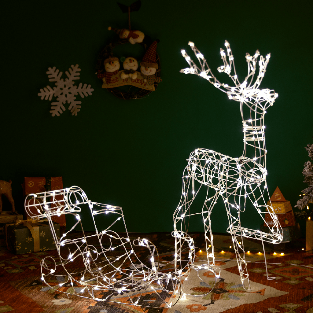 [B10303K6N] Weihnachts-Rentierlampe mit Schlitten und Niederspannung, warmweiß, 1+0,45 m, IP44, für drinnen und draußen