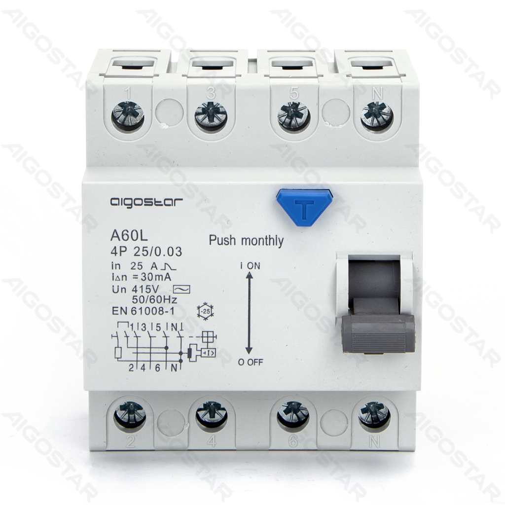 [B20201QES] 4-pole 25A 30mA AC Ground Fault Circuit Interrupter (GFCI), Gray
