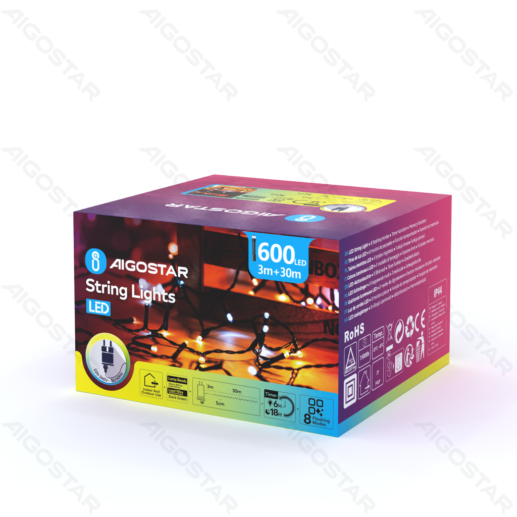 Guirlande lumineuse 600 LED, lumière blanc chaud, 30 m (intérieur et extérieur)