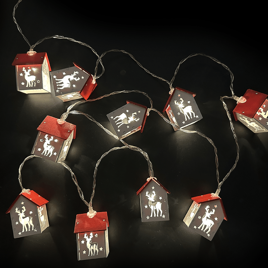 [B10303Q6G] Lichterkette mit kleinen Holzanhängern in Form eines Rehs in einem Häuschen, 3 AA-Batterien, warmweiß, 1,5 m, IP20, für den Innenbereich