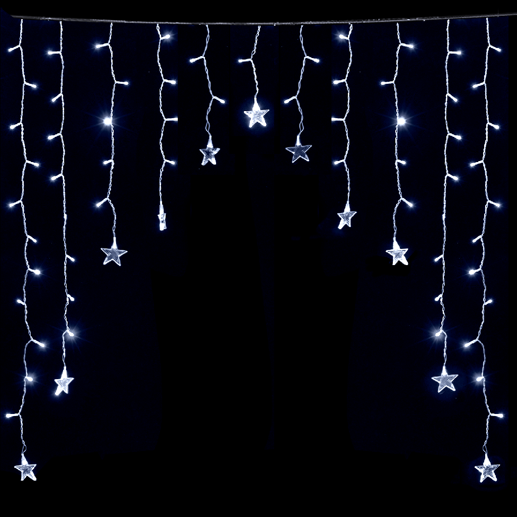 [B10303ABGY] Niederspannungs-Vorhang, umgekehrt, V-förmig, flache Lichterkette, Stern, kaltweiß, 3*B1,5 m, 16 Leuchtstreifen, IP44, für drinnen und draußen
