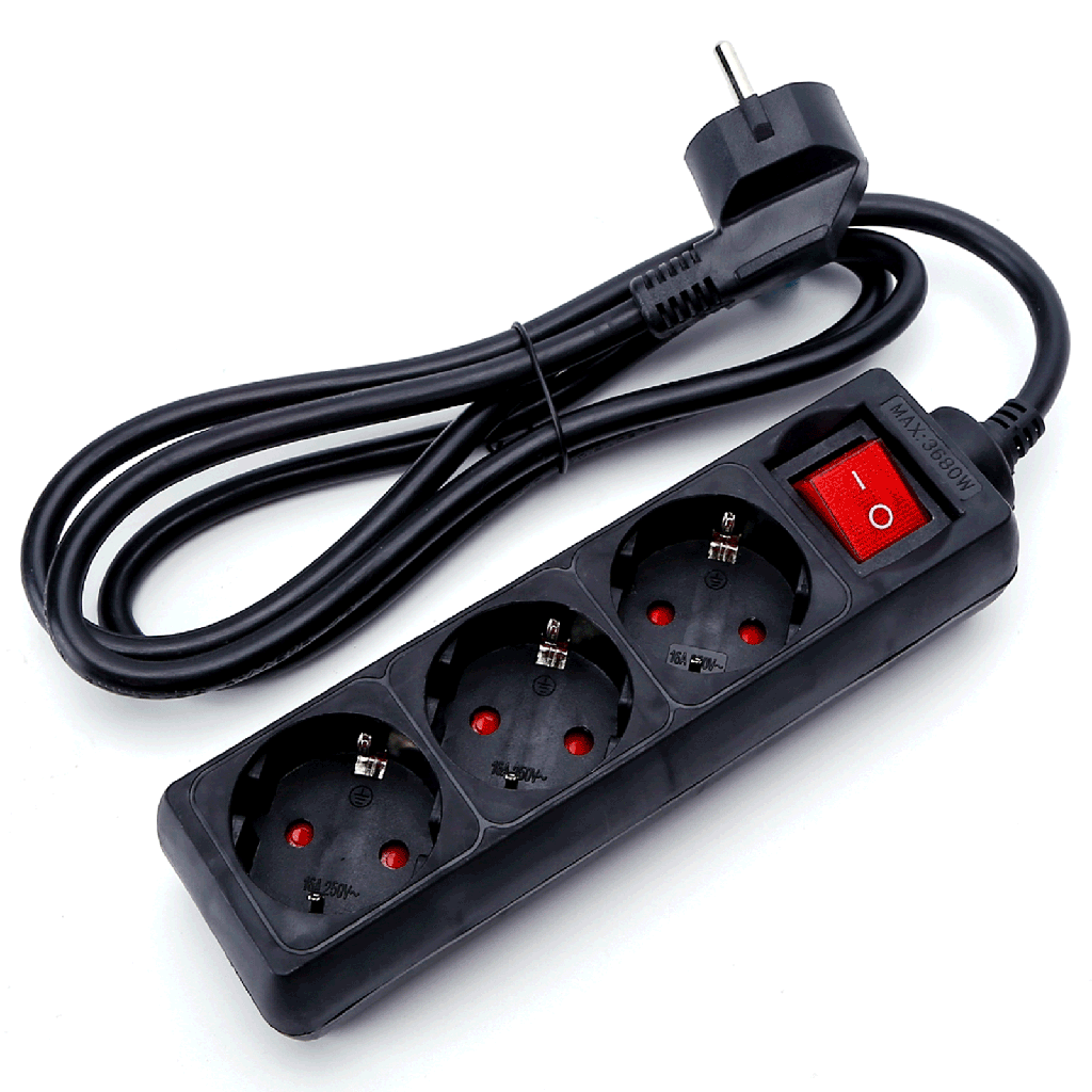 [B20103QIL] Duitse 3-voudige stekkerdoos met schakelaar 1.5M 3G1.5mm² zwart