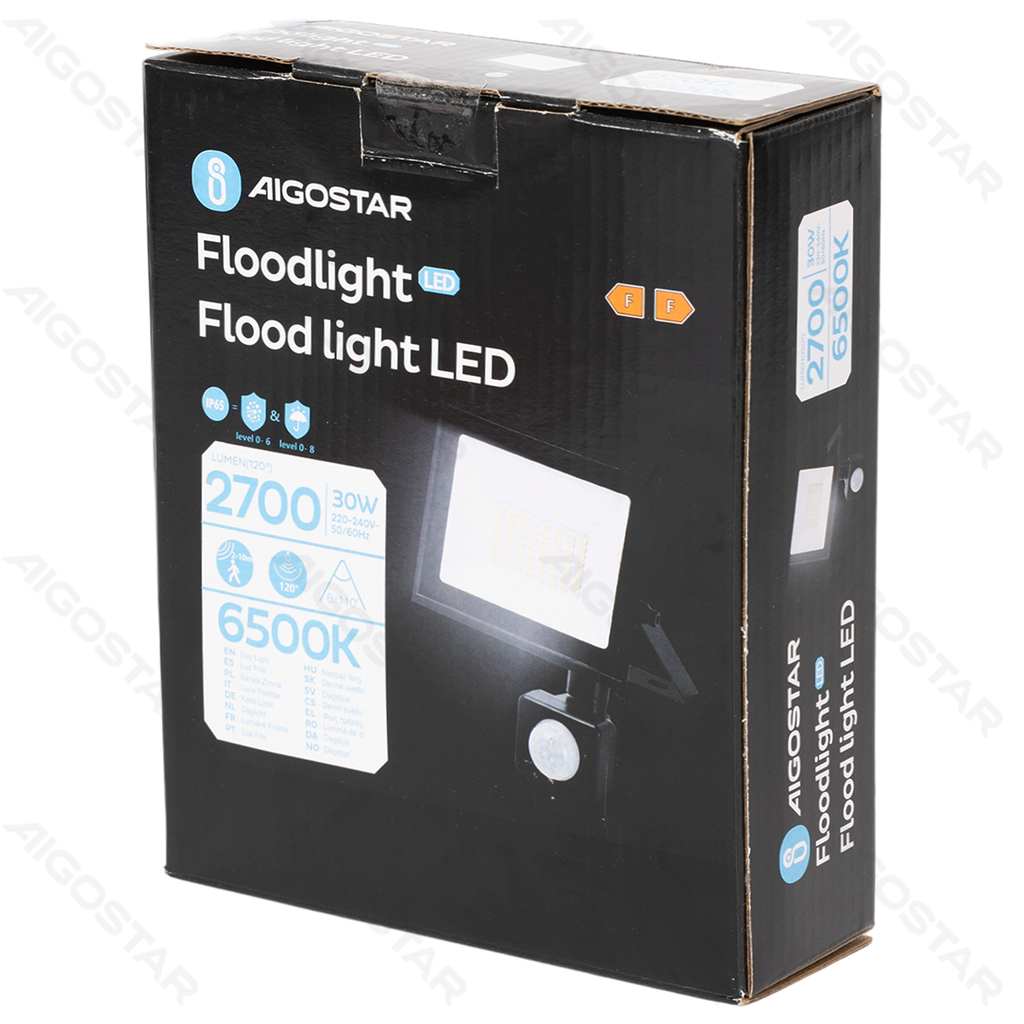 [B1020249W] Aigostar LED Flood light Glass shade Black 30W 6500K Sensor
