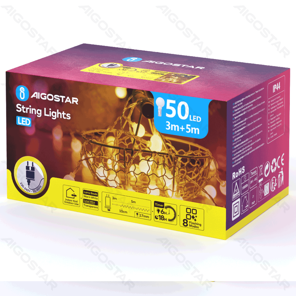 Bande lumineuse avec ampoules blanc laiteux et basse tension Boîte de couleur intérieur/extérieur blanche chaude 5m IP44