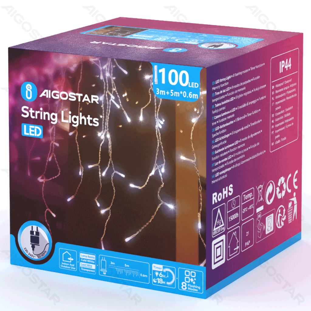 [B10303JW0] Flacher Eiszapfen-Lichtstreifen (wellig) mit niedriger Spannung Cold White 5m*0,6m IP44 Indoor/Outdoor 25 Farbstreifen