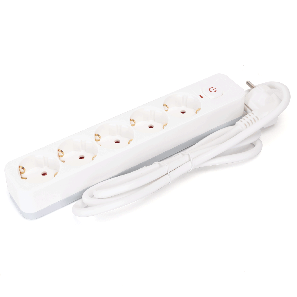 [B20103C25] L-Serie: Deutsche 5-fach-Steckdosenleiste mit Schalter, 1,5 m, 3 x 1,5 mm², weiß und grau