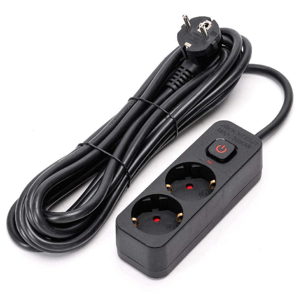 [B20103BW9] Aigostar L-Serie Duitse 2-voudige stekkerdoos met schakelaar 5M 3G1.5mm² zwart