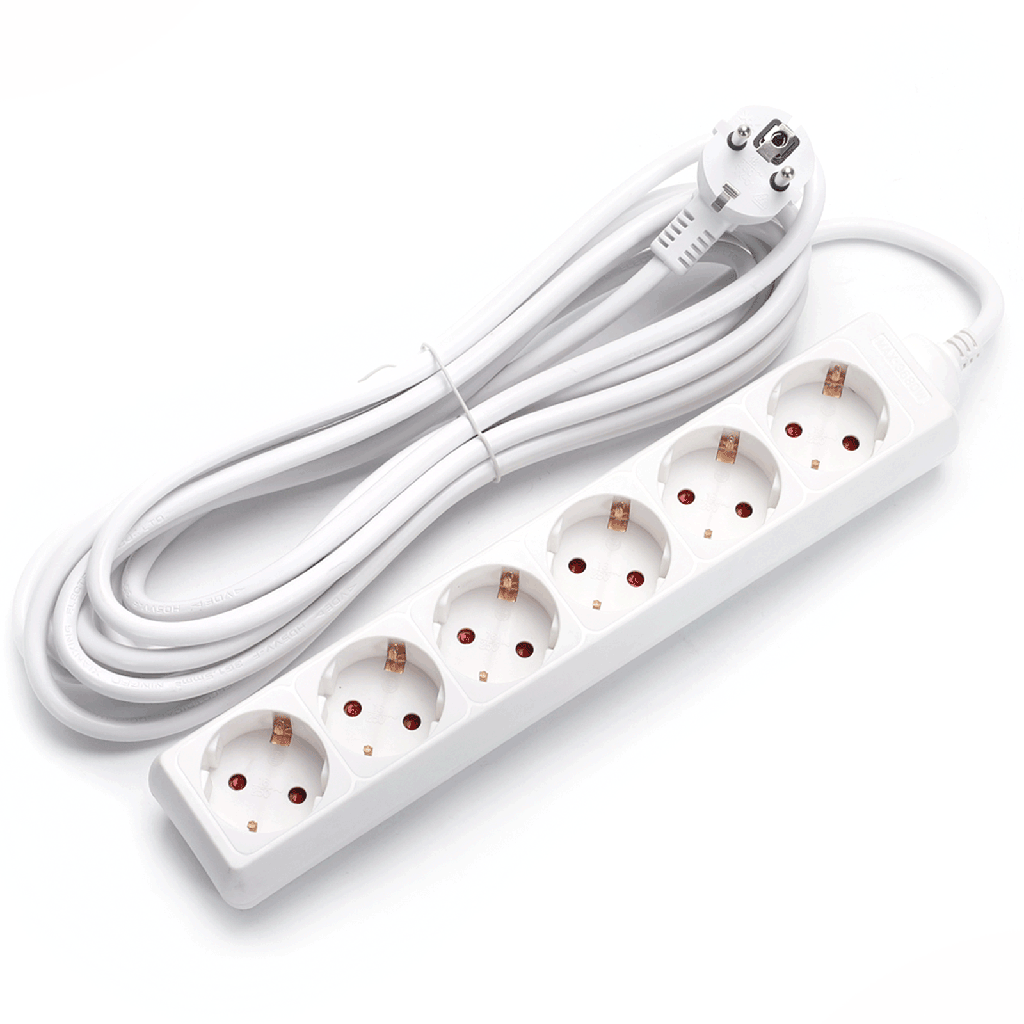 [B20103HJO] Deutsche 6-fach-Steckdosenleiste ohne Schalter, 5 m, 3G1, 5 mm², weiß