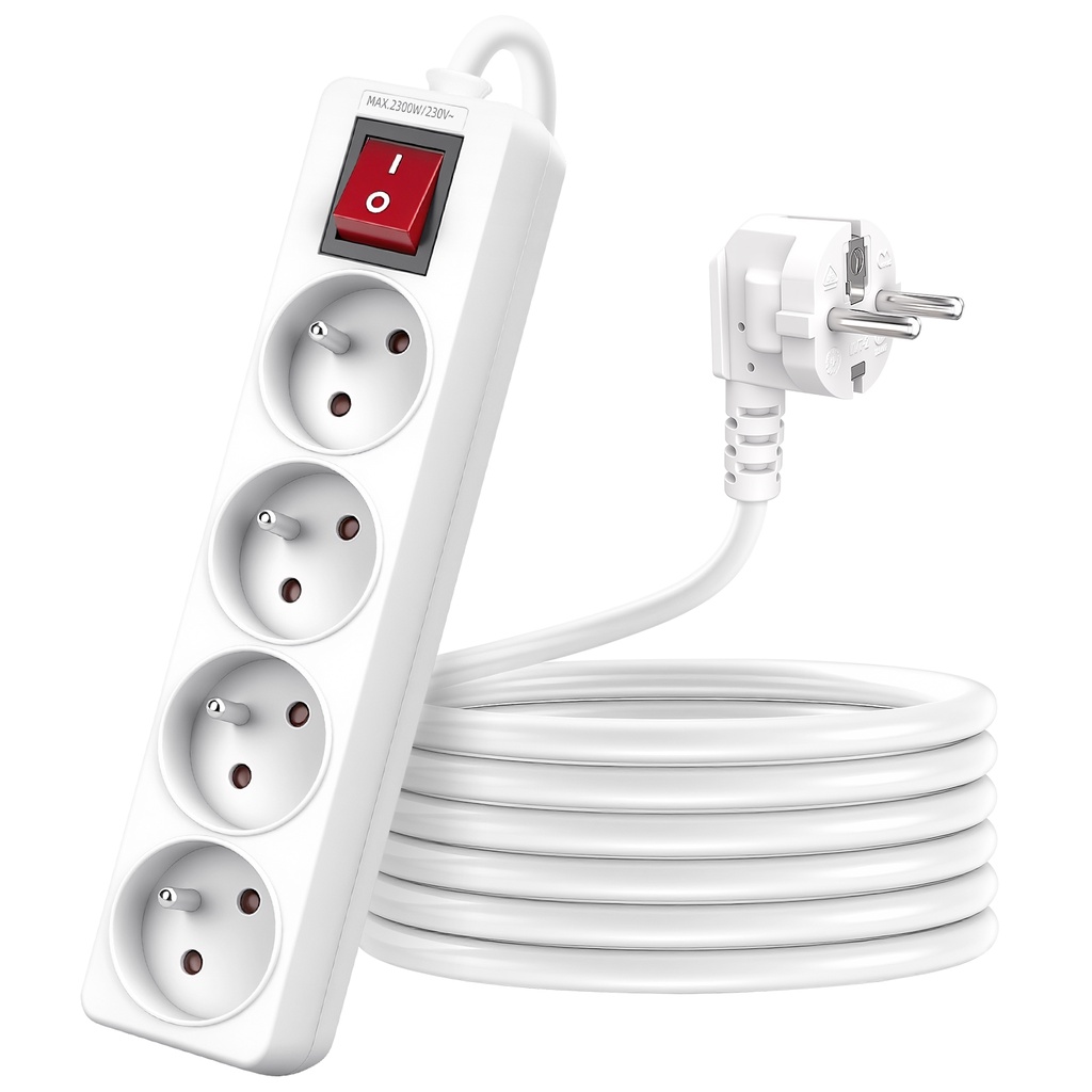 [B20103FIF] Franse 4-voudige stekkerdoos met schakelaar 3M 3G1 0mm² wit