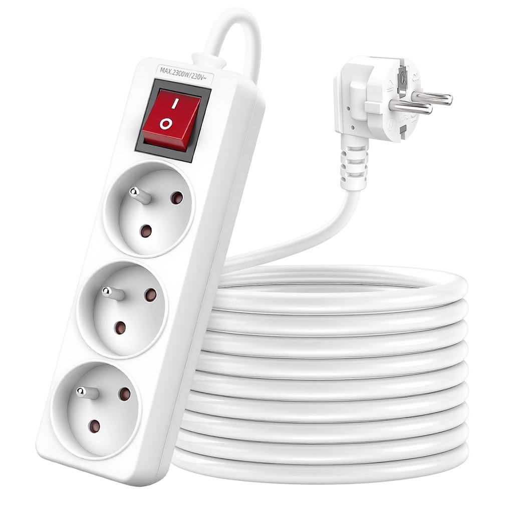 [B20103FIE] Franse 3-voudige stekkerdoos met schakelaar 5M 3G1.0mm² wit