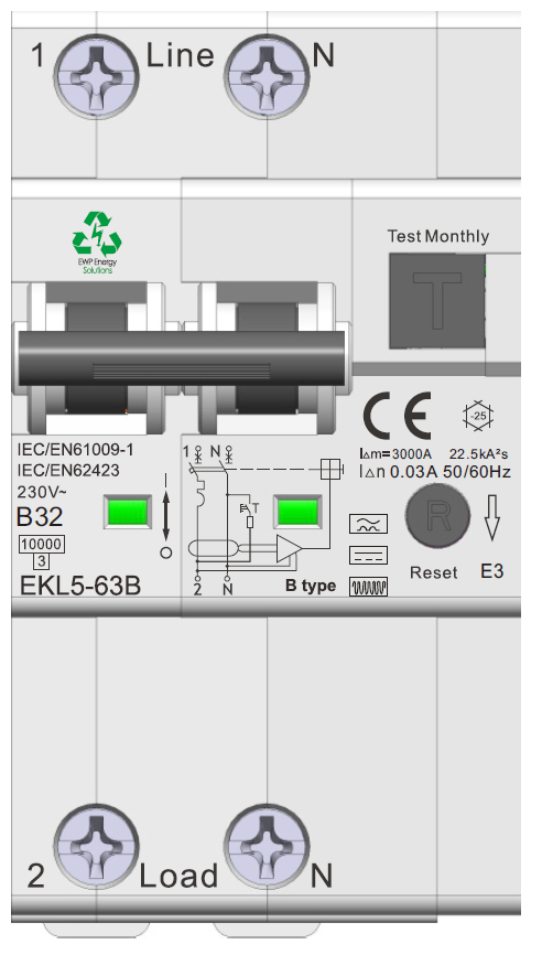 EWP Solutions Fehlerstromschutzschalter 2P 30 mA Typ B 32 A, Kennlinie B