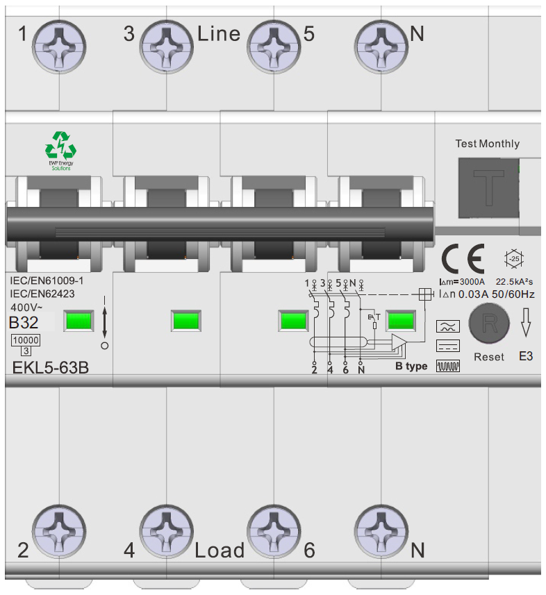 [EWP226869] EWP Solutions Fehlerstromschutzschalter 4P 30 mA Typ B 32 A, Kennlinie B