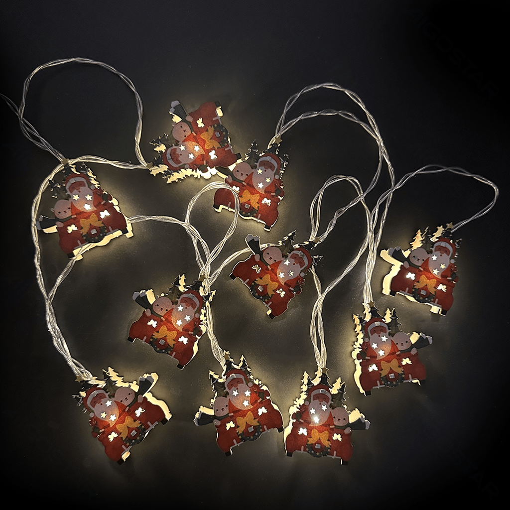 [B10303Q6L] Lichterkette mit kleinen Holzanhängern in Form eines Weihnachtsschlittens, 3 AA-Batterien, warmweiß, 1,5 m, IP20, für den Innenbereich